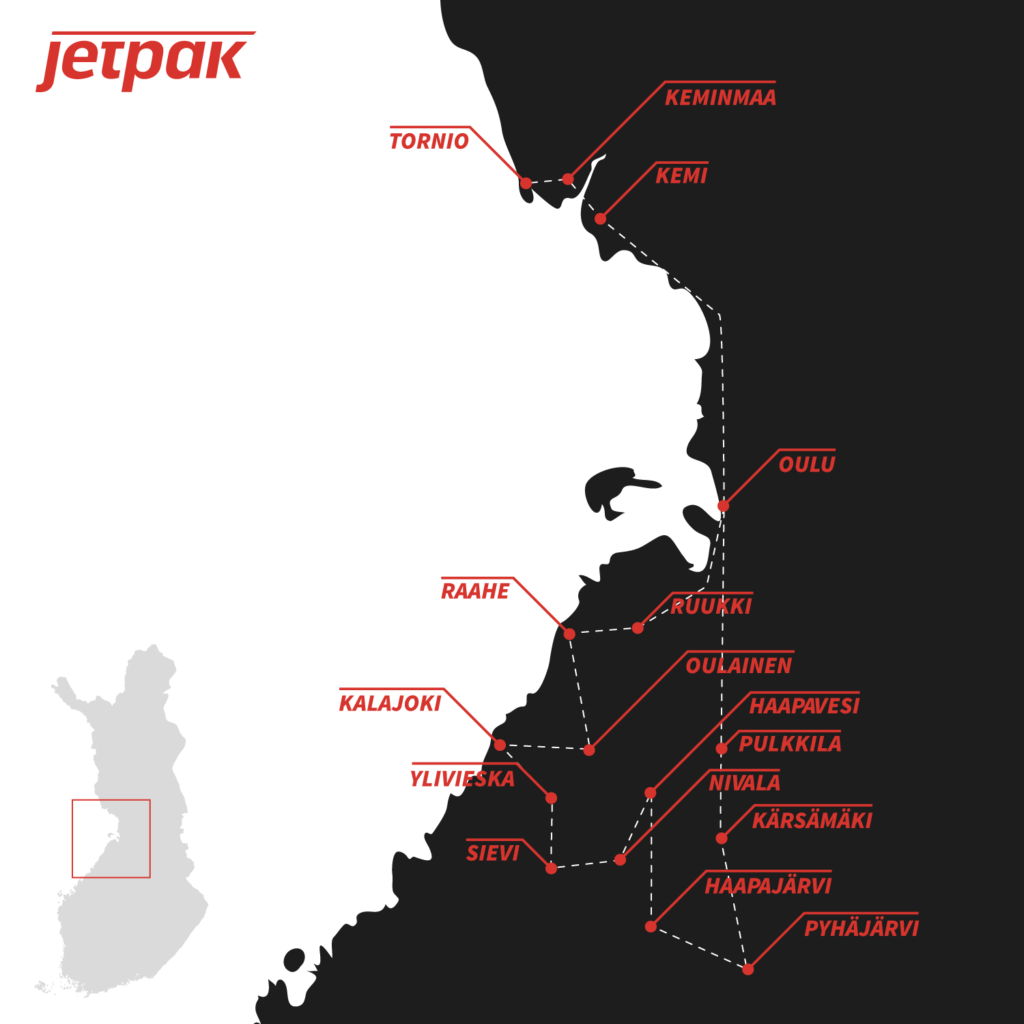 Kartta, jossa piirrettynä Jetpak Oulun päivittäiset vakioreitit Meri-Lapissa ja Pohjois-Pohjanmaalla